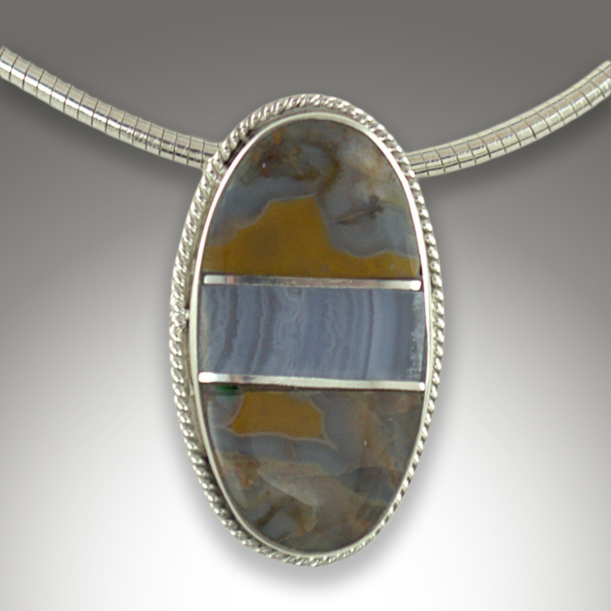 Kentucky Agate & Blue Lace Agate Sterling Silver Inlay/Intarsia Pendant.