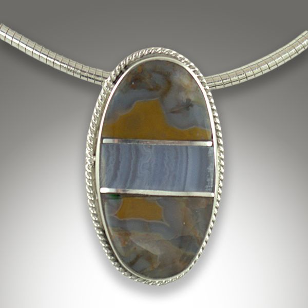 Kentucky Agate & Blue Lace Agate Sterling Silver Inlay/Intarsia Pendant.