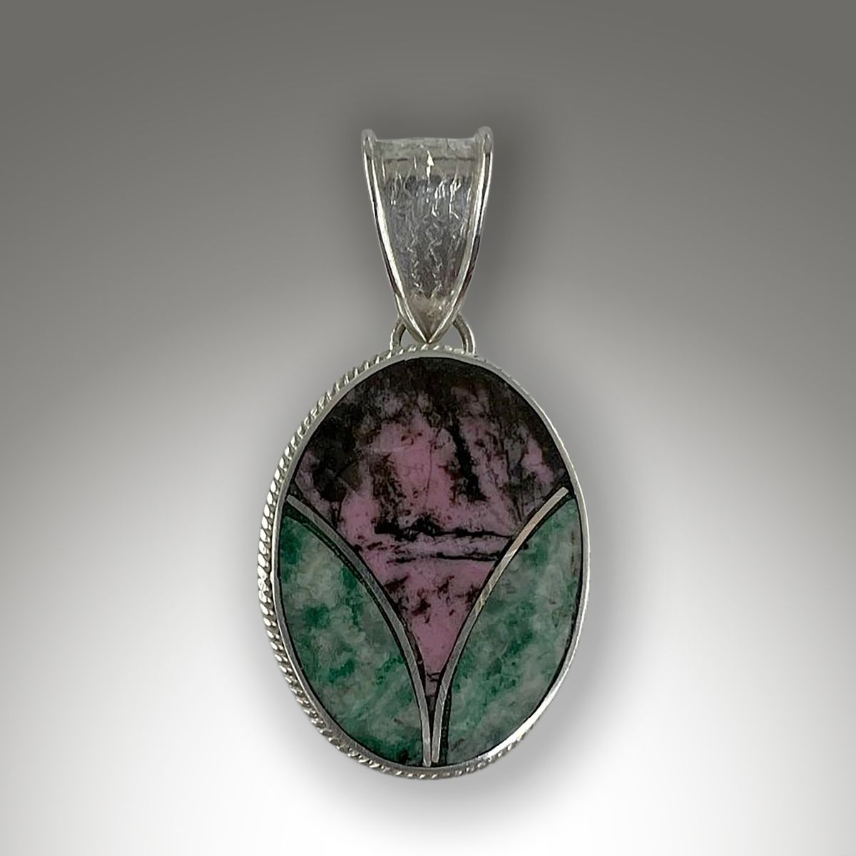 Handcrafted Rhodonite & Mariposite Sterling Silver Inlay Pendant
