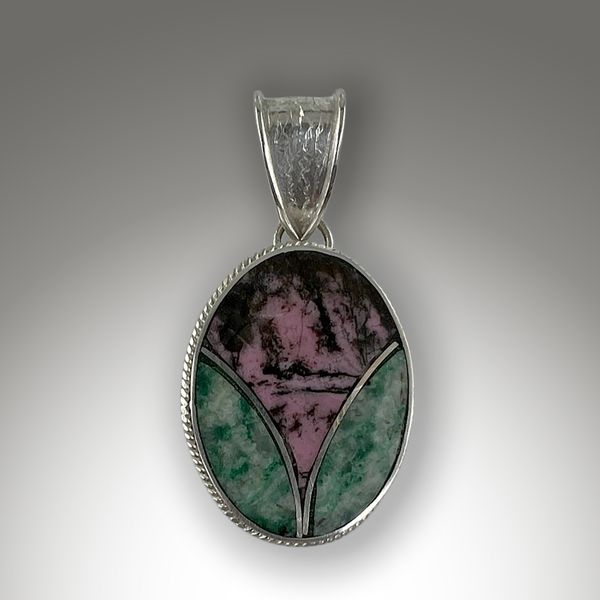 Handcrafted Rhodonite & Mariposite Sterling Silver Inlay Pendant
