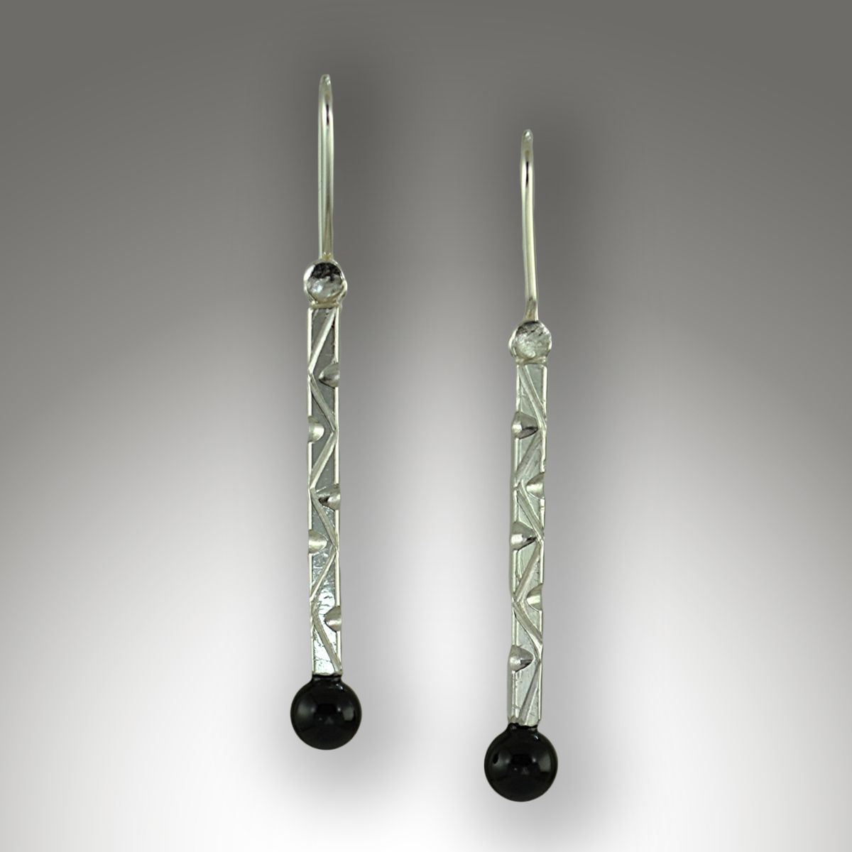 Handcrafted Decorative File Work Sterling Silver earrings with Onyx