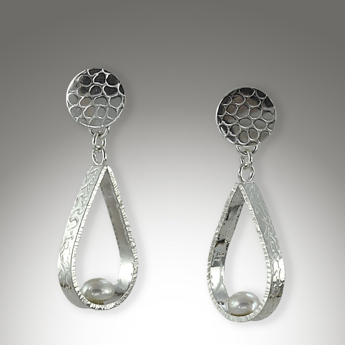 Textured, handcrafted Sterling Silver Earring with button Pearls & posts