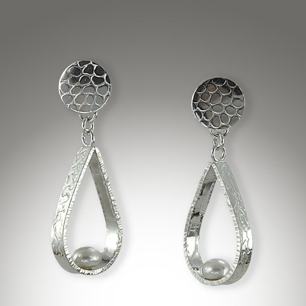 Textured, handcrafted Sterling Silver Earring with button Pearls & posts