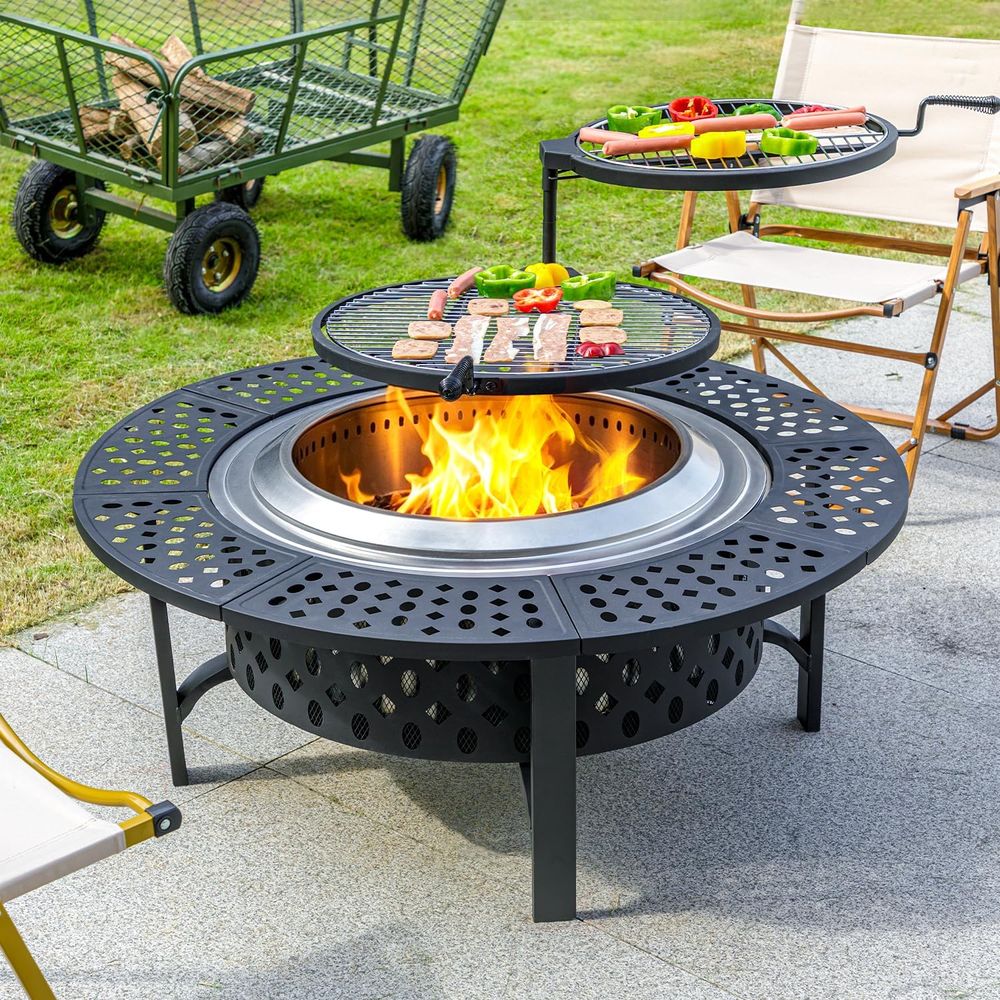 OutVue 47 Inch Smokeless Fire Pit with 2 Grills,Large Firepit for Outside