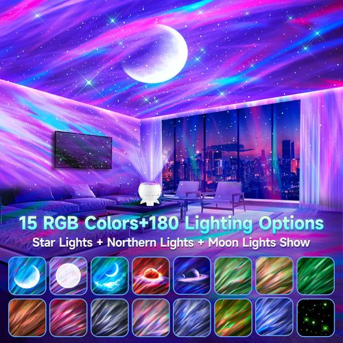 Northern Lights Projector 300+Color Modes Galaxy Projector for Bedroom 15 White Noise Galaxy Light Projector, 5Moon Star Projector, Bluetooth Aurora Light Projector 