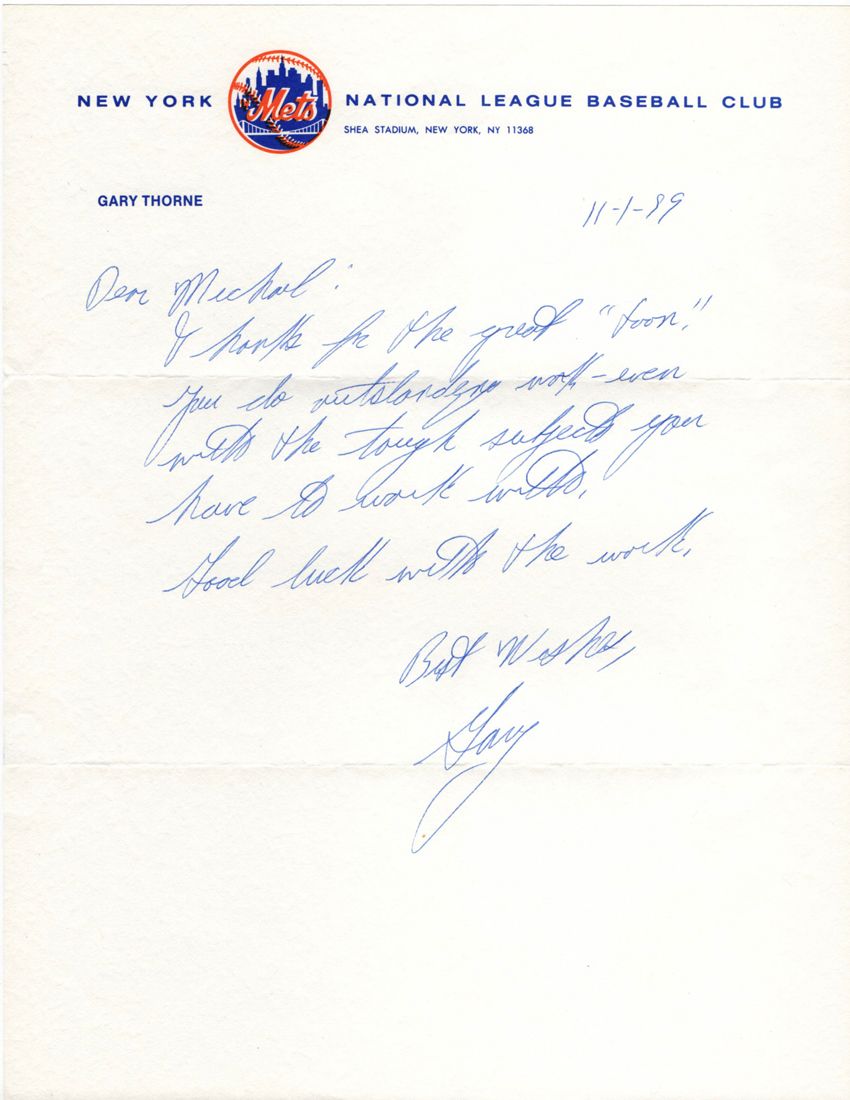 New York Mets Announcer Gary Thorne Thank You Letter - Hockey Humor by ESPN/NHL Cartoon Artist Michael Fischer