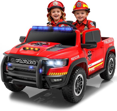24V RAM 1500 Fire Truck for Kids, Licensed RAM 1500 2 Seater Electric Fire Engine with Remote Control, Siren, Megaphone, LED Lights, 