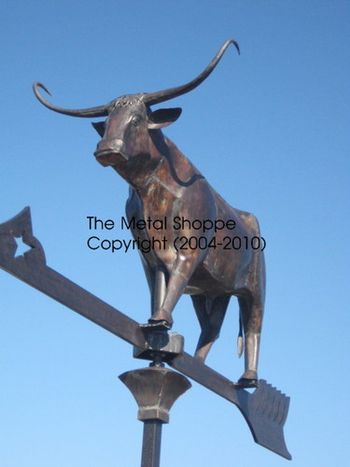 Custom Large Copper Longhorn Steer Weathervane with Custom Copper Finial and Forged Iron Directional Features / Location: Los Olivos, CA

