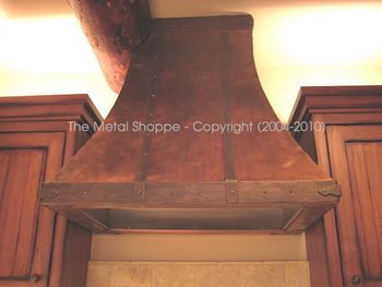 Rustic Copper Wall Mount Hood with Forged Iron Straps. Custom Fit Around Existing Log / Location: Shaver Lake, CA
