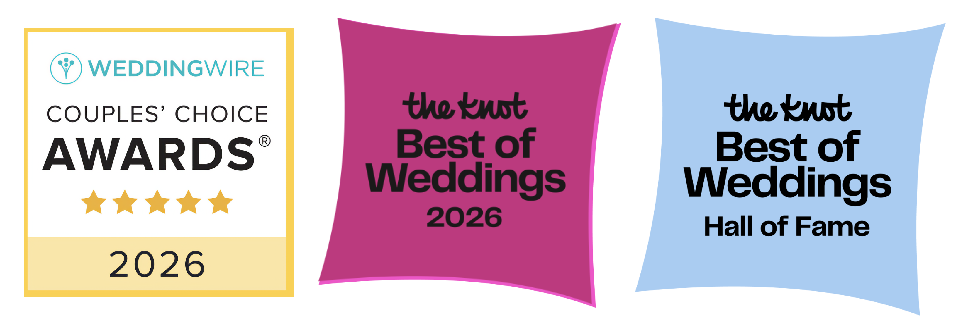WeddingWire Couples Choice 2026, The Knot Best of Weddings 2026, and The Knot Hall of Fame