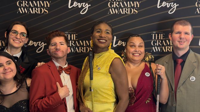 Medusa, Austin Hall, Lachi, Precious Perez, and friends pose on the red carpet of the 2026 Grammy Awards