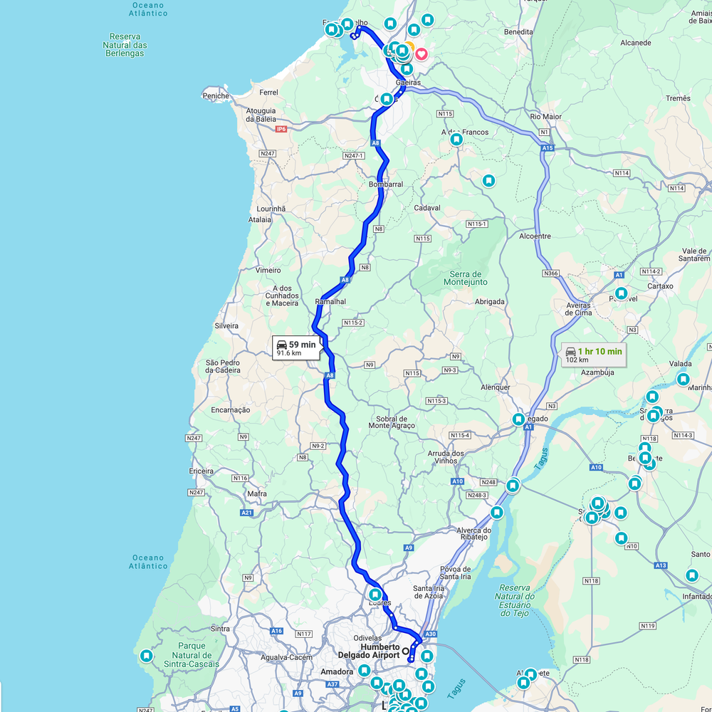 Map showing the route from Lisbon Airport to Supertone Sonic Lab