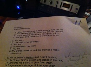 The lyric for "You Are..." - yes, those are Allison's earrings punched into the corner of the lyric!
