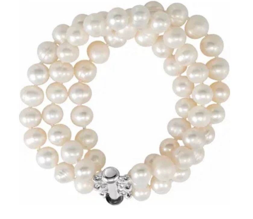 Sterling Silver Cultured White Freshwater Pearl Triple Strand 7 1/4" Bracelet