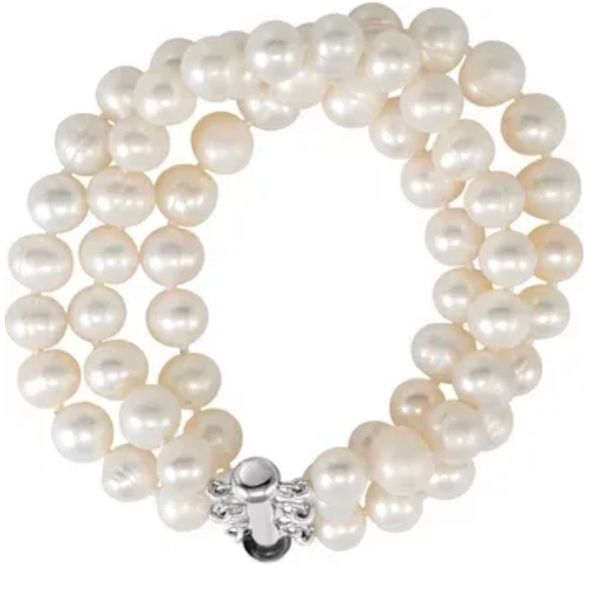 Sterling Silver Cultured White Freshwater Pearl Triple Strand 7 1/4" Bracelet