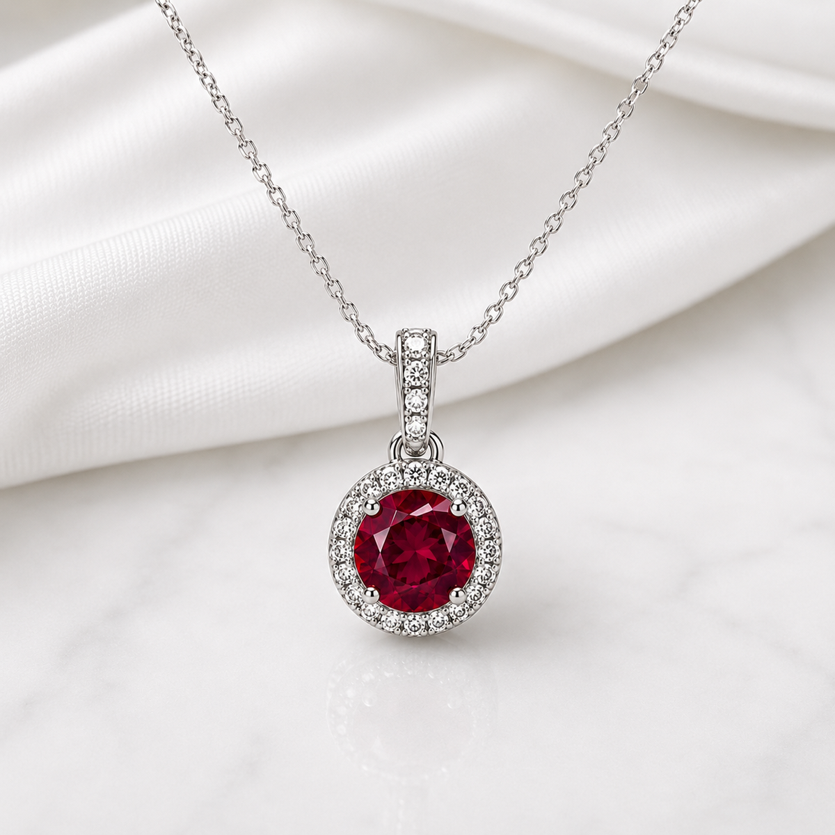 Ruby Radiance Diamond Halo Pendant Necklace