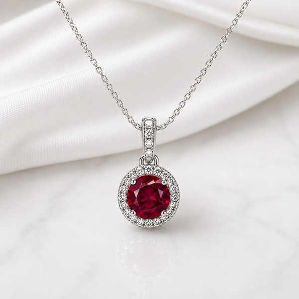 Ruby Radiance Diamond Halo Pendant Necklace