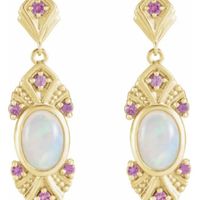 14K Yellow Natural Ethiopian Opal & Natural Pink Sapphire Vintage-Inspired Earrings