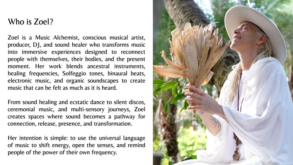 Zoel is a Music Alchemist, conscious musical artist, producer, DJ, and sound healer who transforms music into immersive experiences designed to reconnect people with themselves, their bodies,