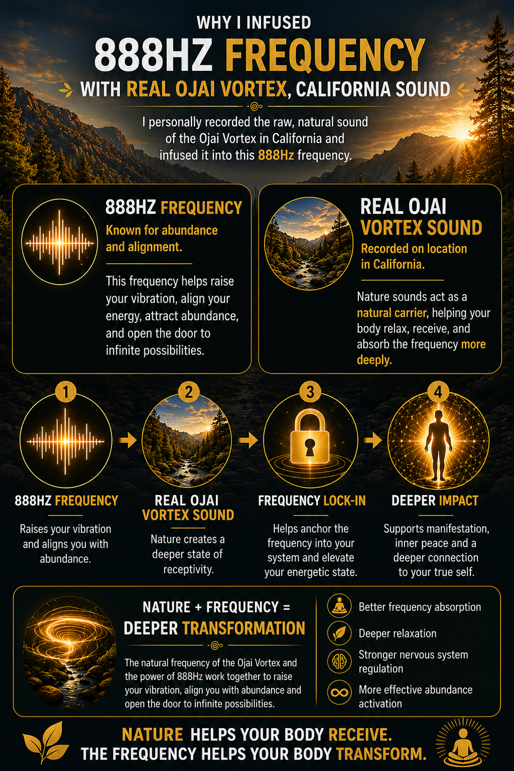 Real Ojai Vortex, California sounds infused with 888Hz Alignment Frequency to support abundance manifestation, spiritual alignment, higher vibration, inner peace, and energetic expansion.