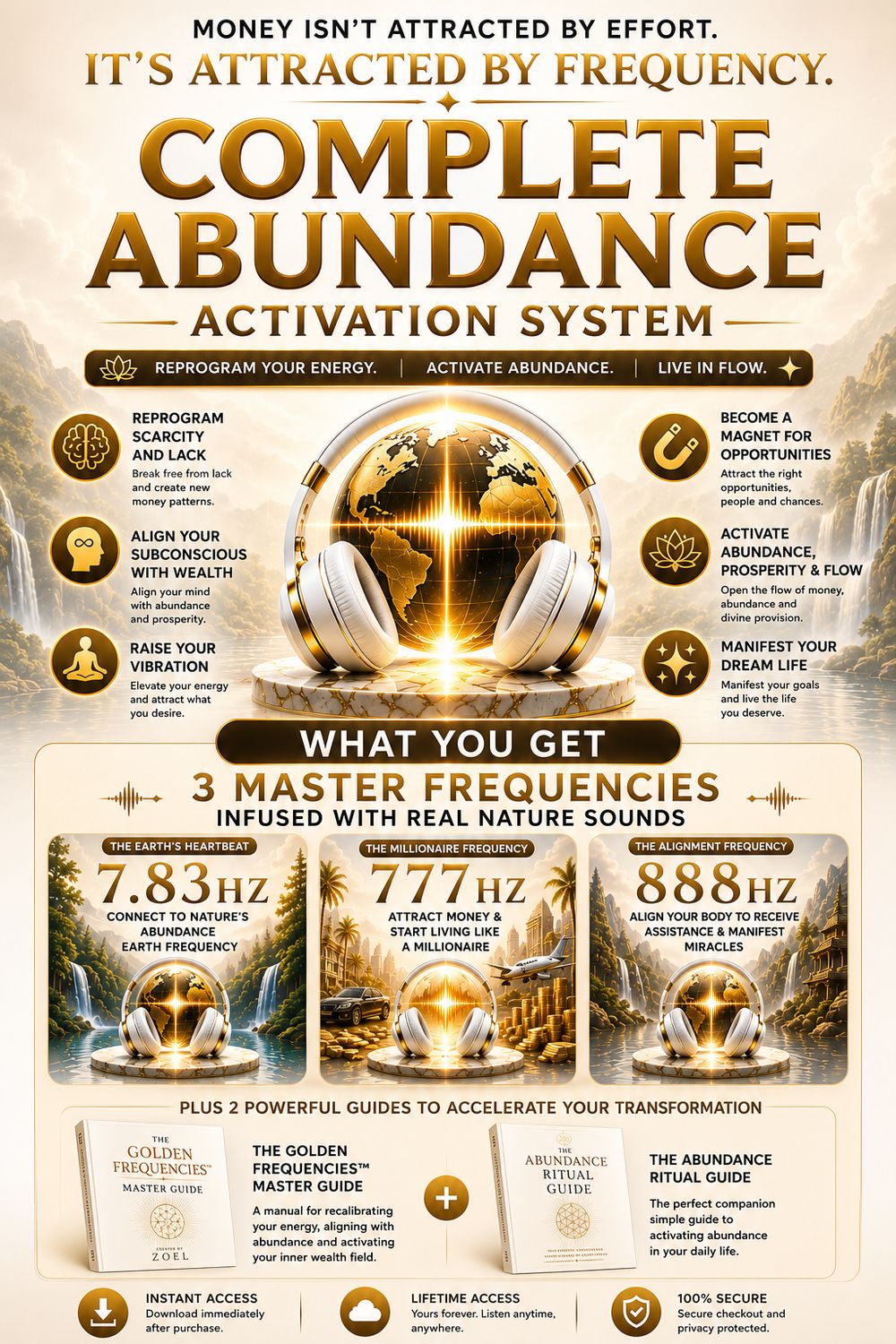Manifest more money, abundance, and wealth with The Golden Frequencies™ Master Bundle. Includes 777Hz, 7.83Hz, and 888Hz abundance activation frequencies designed to reprogram scarcity, align