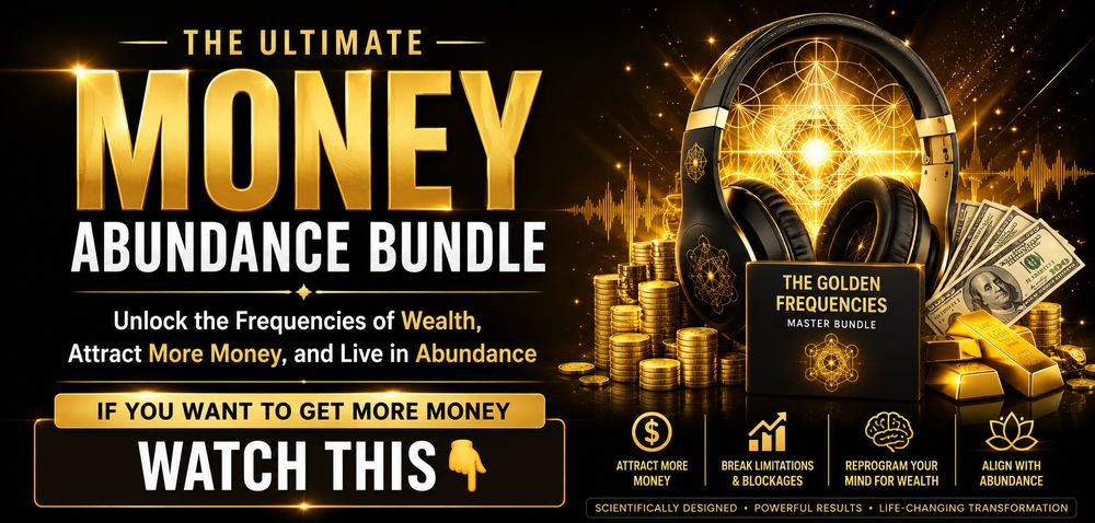 Luxury black and gold promotional banner for The Golden Frequencies Master Bundle featuring white headphones, abundance activation visuals, money manifestation messaging,  wealth attraction