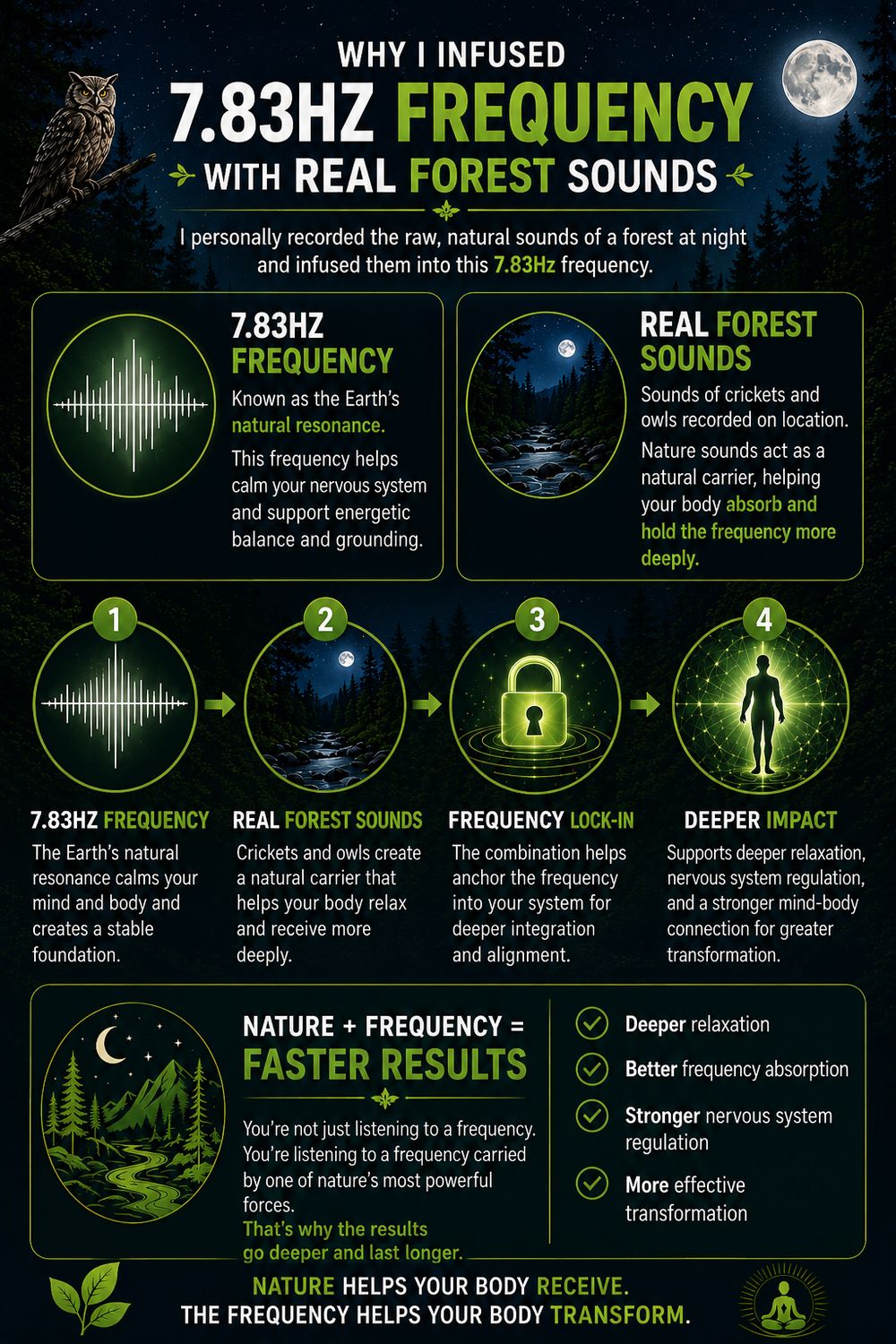 7.83Hz Earth Frequency audio infused with real Tennessee forest sounds, crickets, and owls at night to support nervous system regulation, grounding, deep relaxation, and natural abundance 
