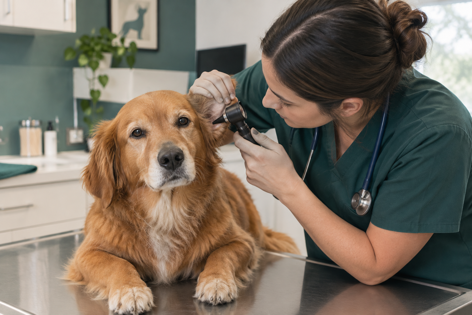 Veterinarian examining an old golden retriever's ear on a stainless steel table in a clinic