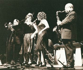 SAN JOSE JAZZ FESTIVAL Dmitri Matheny Orchestra at San Jose Repertory Theater, [L-R]: Dmitri Matheny, Kim Nalley, Clairdee, Red Holloway.
