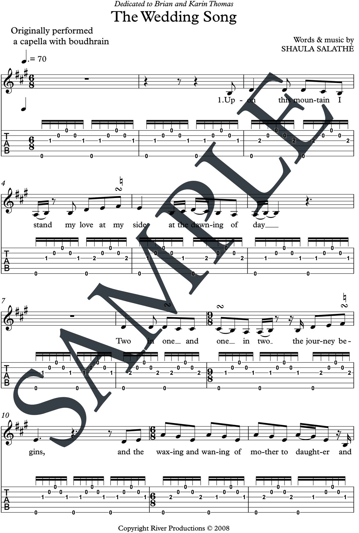 The Wedding Song - guitar TAB & voice