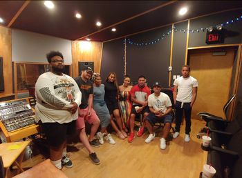 L-R: Hit Producer Mike Ewing, Grammy winning Engineer Ryan Frederick, Performance Coach Sheri Hauck, recording artist NeYaLa, TV Personality & Designer Lauren Makk, client Al Lozano, Business Owner Eeski, and Songwriter/Arranger Malik Hauck
