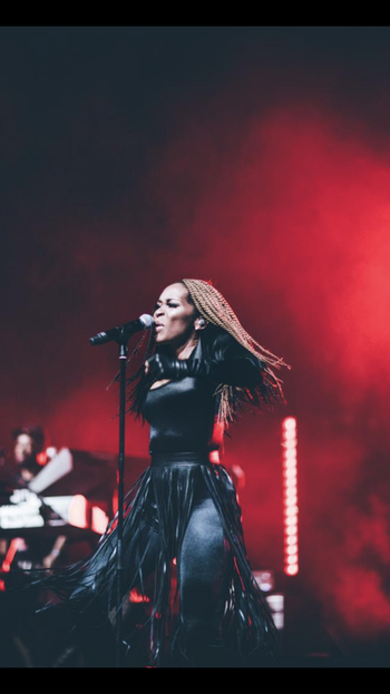 Sheri Hauck performing behind recording artist Tamia on her 2019 South African/European tour.
