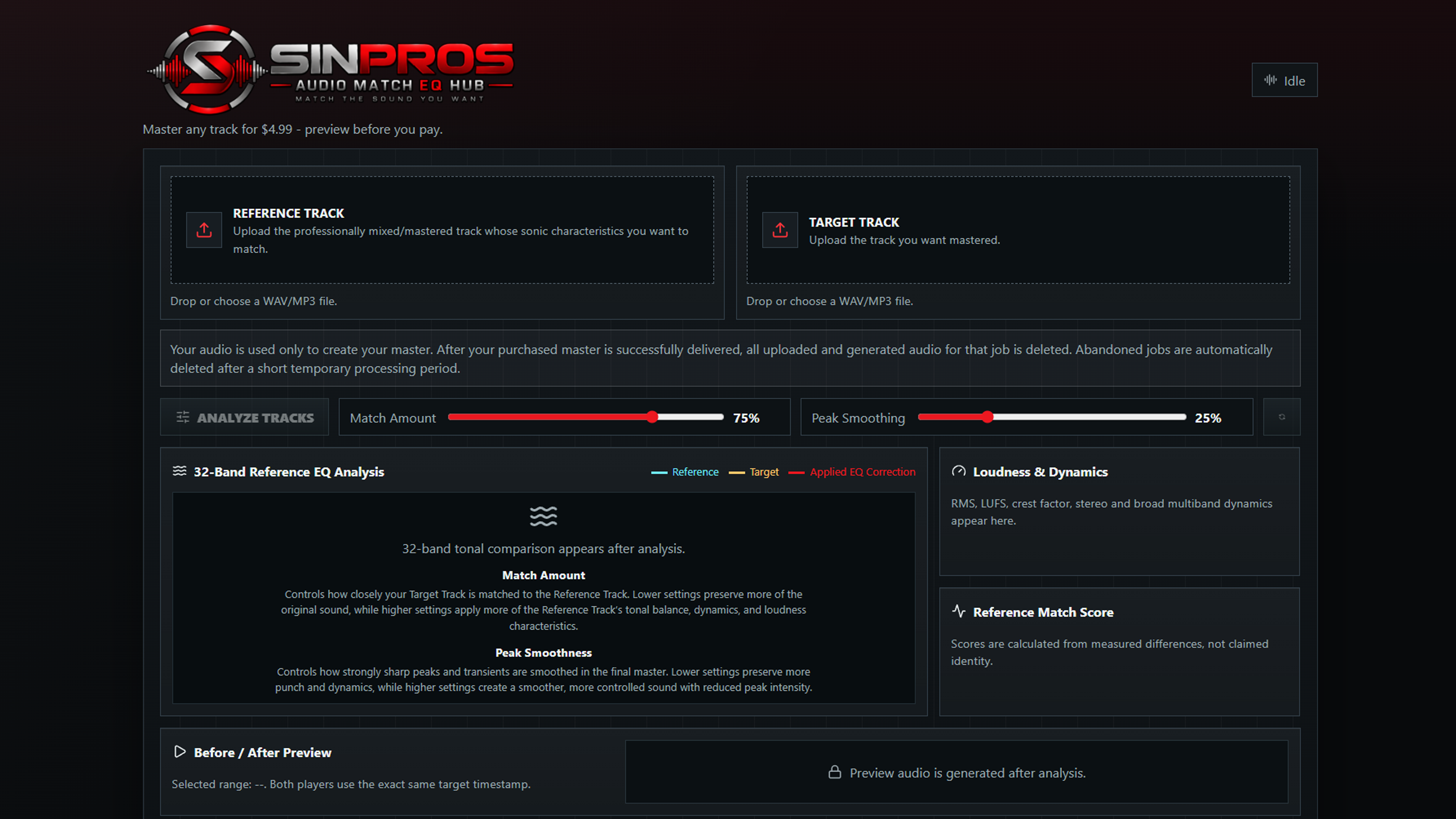 Sinpros Audio Match EQ Hub Windows interface with reference-track and target-track upload panels.