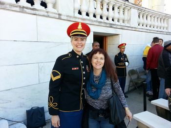 November 11, 2015: With the vocalist from the United States Army Band at the National Veteran's Day Observance at Arlington Cemetery in Washington DC. President Barack Obama spoke and then VP Joseph Biden was in attendance.

