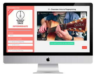 intermediate acoustic guitar lessons tutorials courses. barre chords, strumming, fingerpicking, pentatonic and blues scale, improvisation