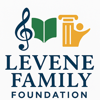 Levene Family Foundation logo, a three color logo  incorporating a treble clef, a book and an actor