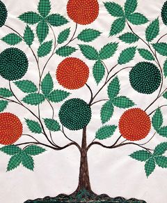 Image: Stylized drawing of "The Tree of Life," a trunk with brightly colored large orange and green fruits in folk art style