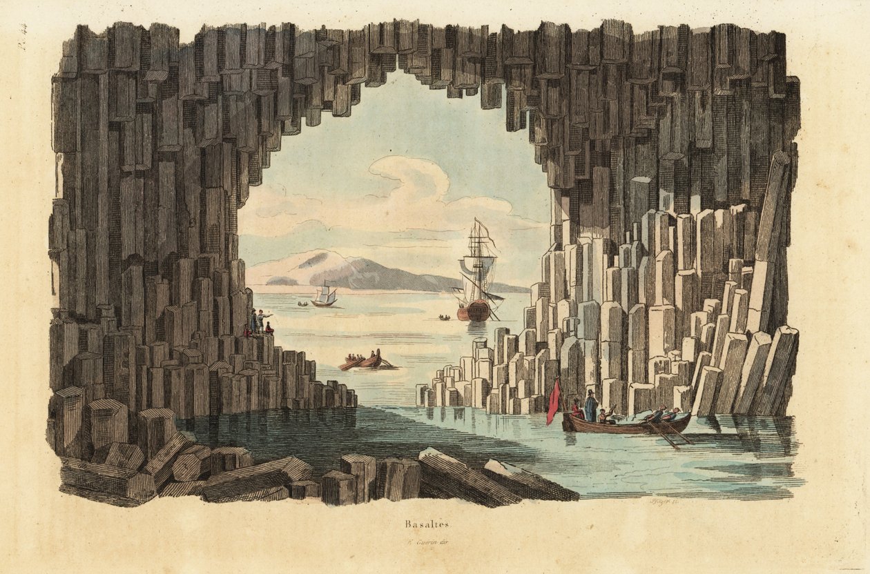 19th-century lithographs of basalt columns in Fingal's Cave, a natural sea cave in the Hebrides Islands in the North Atlantic