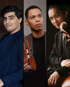 Image: a Middle Eastern man in black, a Black man holding a violin, and an East Asian man holding a cello