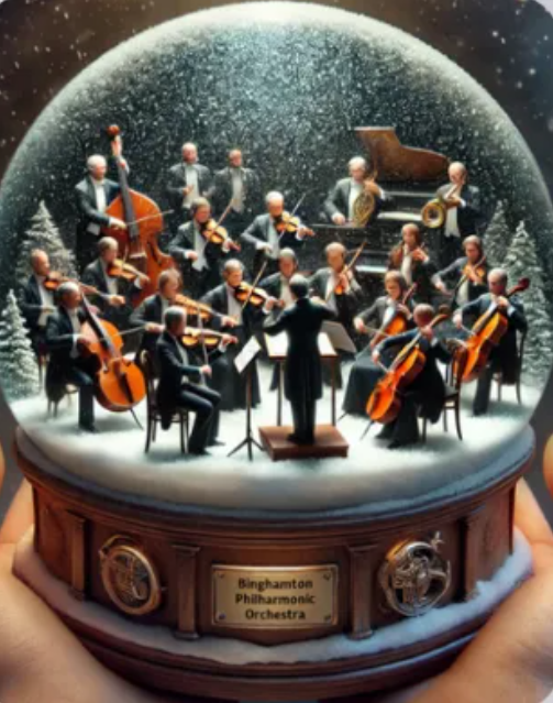 Two white hands holding a snowglobe containing miniature musicians and a conductor with a bronze plaque reading 