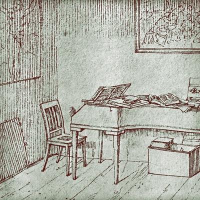 Black and white pencil drawing of Schubert's Room, showing a piano with manuscripts spread out on its lid, with a straight-backed chair in front of it