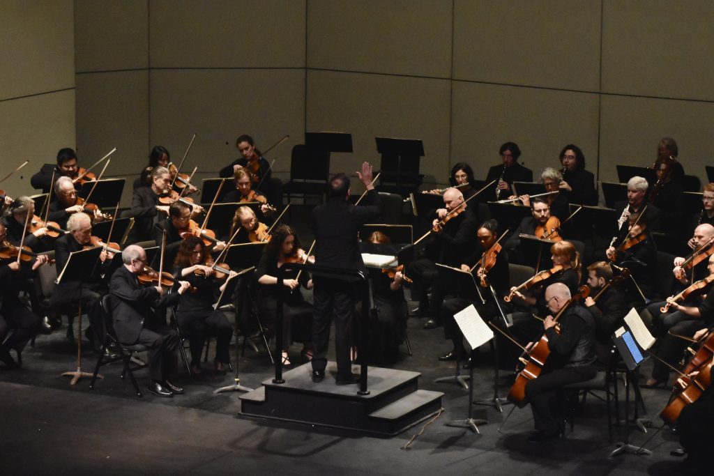 Daniel Hege, a man dressed all in black holding a baton seen from the back, conducting a full orchestra from the podium