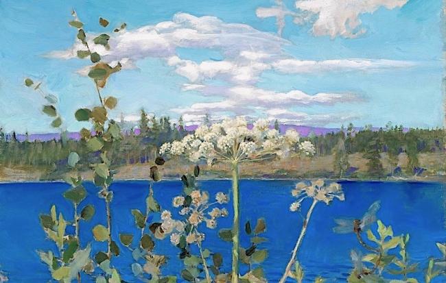 Wild Angelica, a painting by 19th-century Finnish artist Akseli Gallen-Kallela of wildflowers with white blossoms growing beside a deep blue lake against a backdrop of pine forests on the opposite shore and a blue sky with white clouds