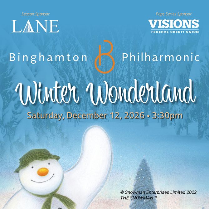 Snowman waiving over blue background of promotional information for Winter Wonderland concert