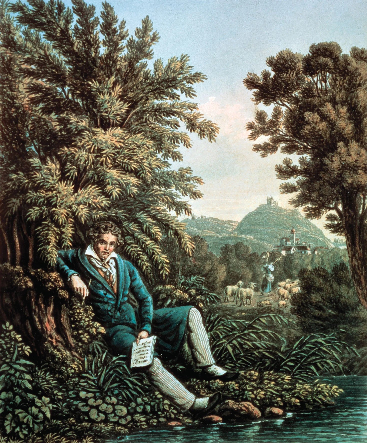 A 19th-century lithograph of Beethoven seated by a brook with a pen and music manuscript in his hands
