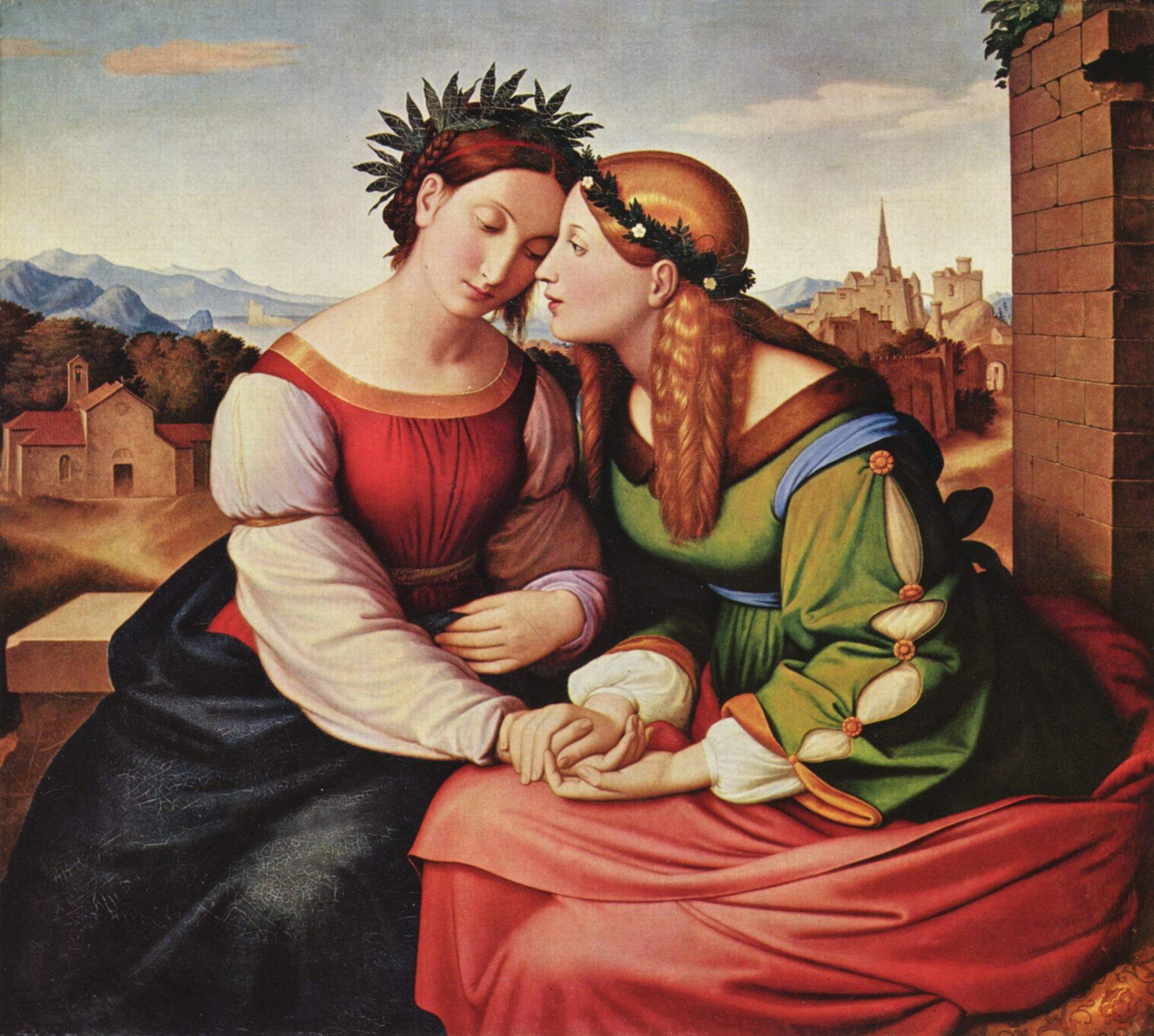 Allegorical representations of Italy and Germany as two women, one with dark hair crowned with laurel leaves and one with golden hair crowned with a lily wreath, sitting with heads together in front of a medieval cityscape