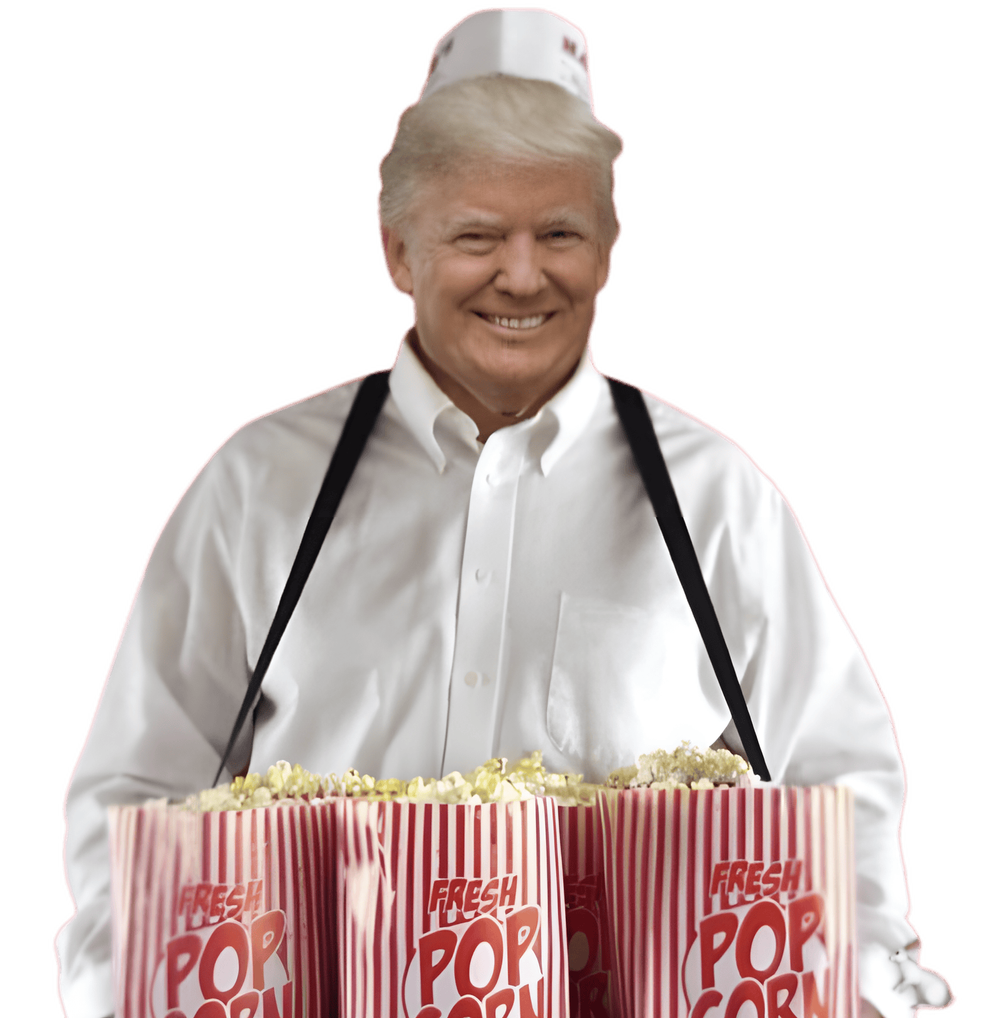 Donald Trump in a white shirt and braces holding a tray of popcorn