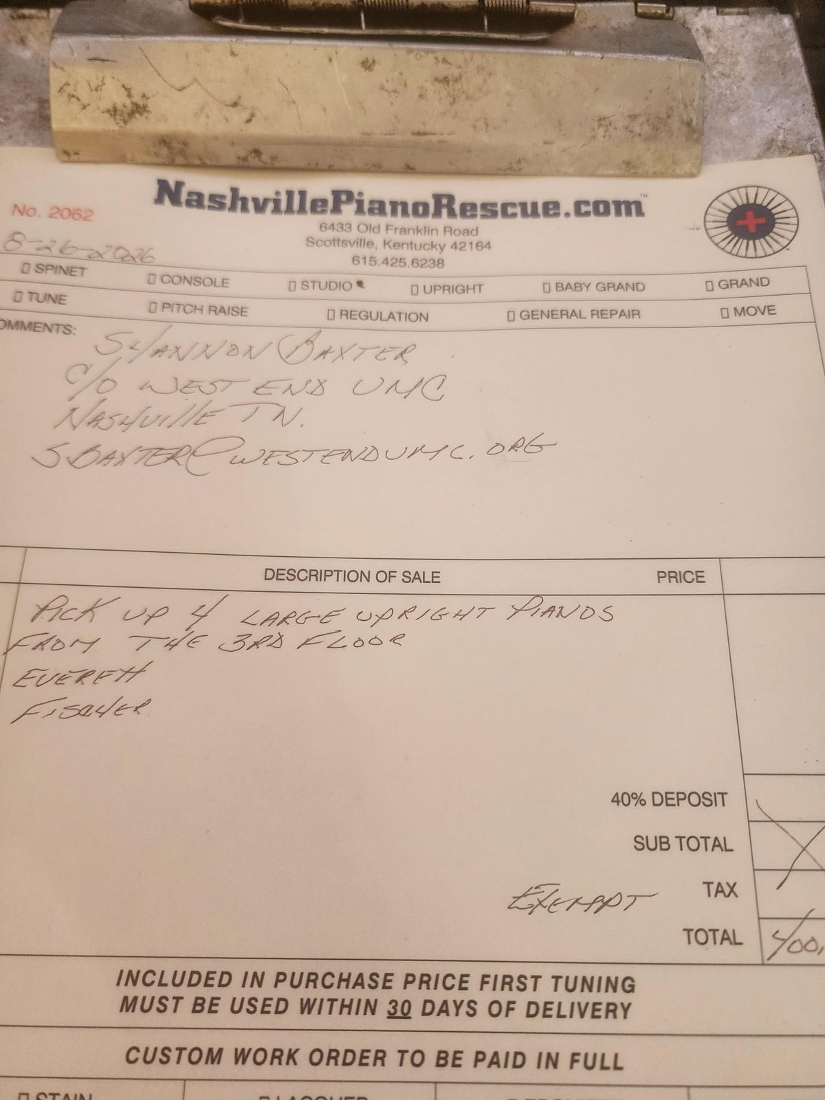 West End UMC pickup invoice