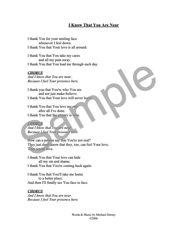 I KNOW THAT YOU ARE NEAR - Lyric Sheet