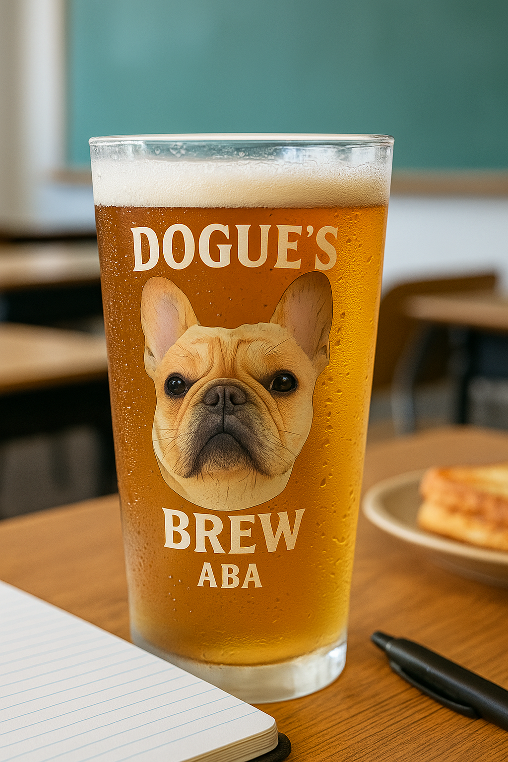 Glass of beer on a classroom table surrounded by a notebook, pen, and food with the name Dogue's Brew